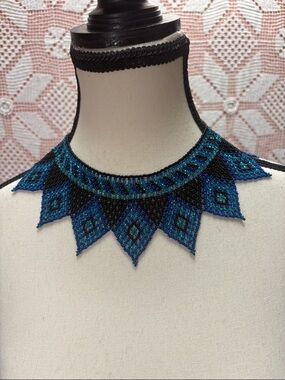 Handcrafted Beaded Statement Necklace in Blue and Black